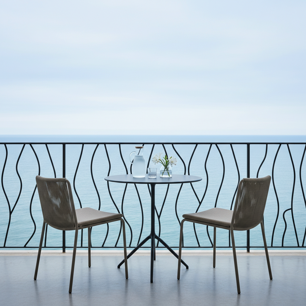 A meticulously styled oceanfront balcony, spotlighting a slender black wrought-iron bistro table with a matte finish and two minimalist taupe chairs featuring fine corded backs. The tabletop holds a single frosted-glass carafe and a small arrangement of white sea lilies in a clear tumbler vase. Behind, the tranquil expanse of a calm blue sea melds with a faintly overcast sky, while cool, natural light highlights the subtle architectural lines and gentle curves of the rail. Photographed from a slightly elevated angle with a crisp, wide focal plane, the mood is calm and exclusive, embodying photographic realism with a muted, luxurious palette.